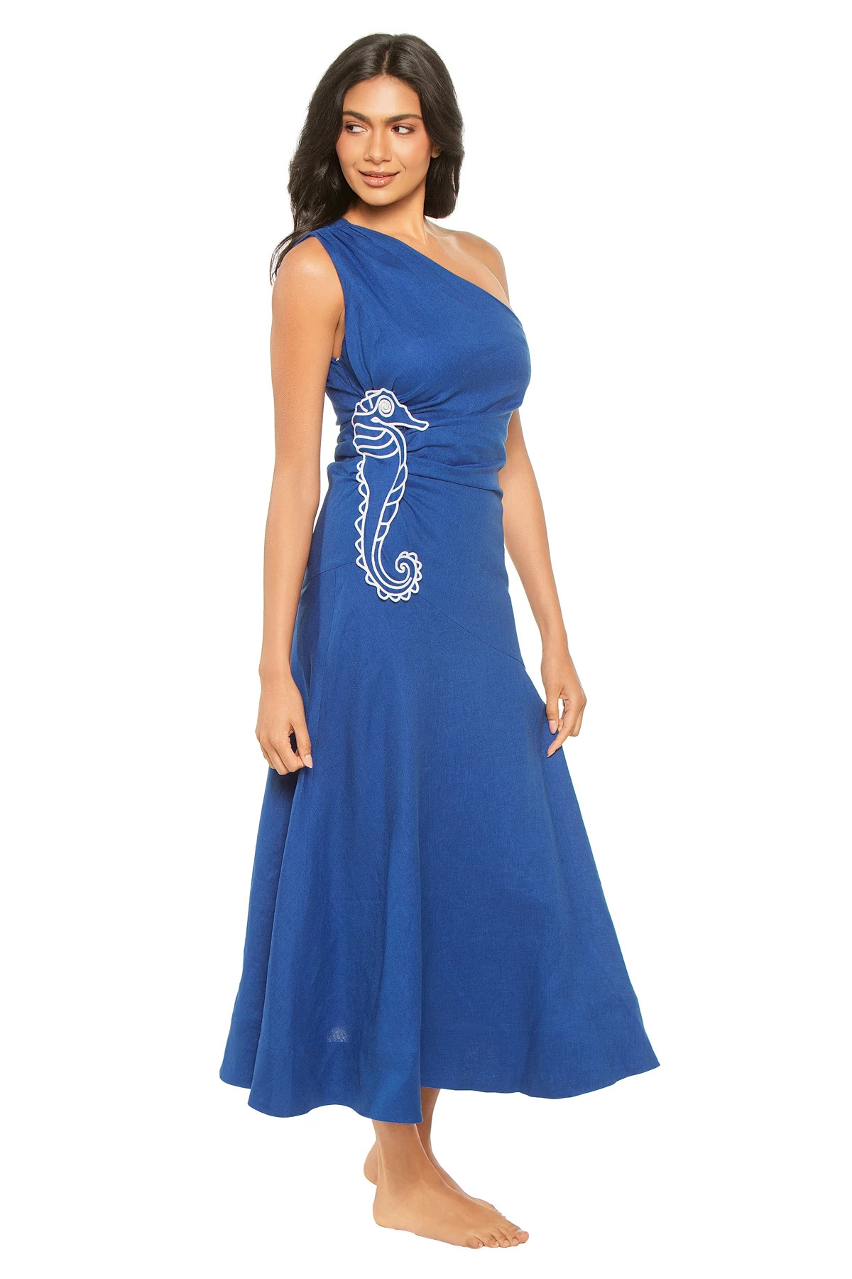 BLUE Linen One Shoulder Maxi Dress image number 3