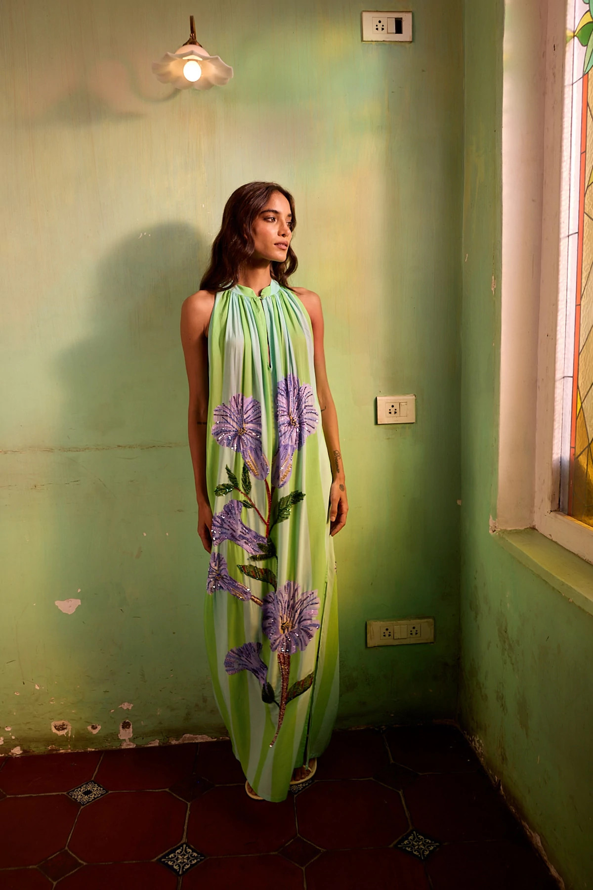 AQUA NEELGIRI / STRIPES PANEL Hand Beaded Sundowner Maxi Dress image number 4