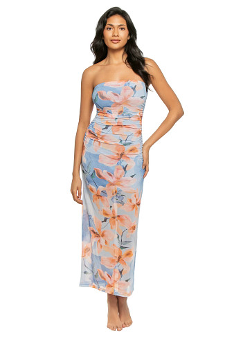 WATERCOLOUR FLORAL Sunspell Ruched Strapless Midi Dress