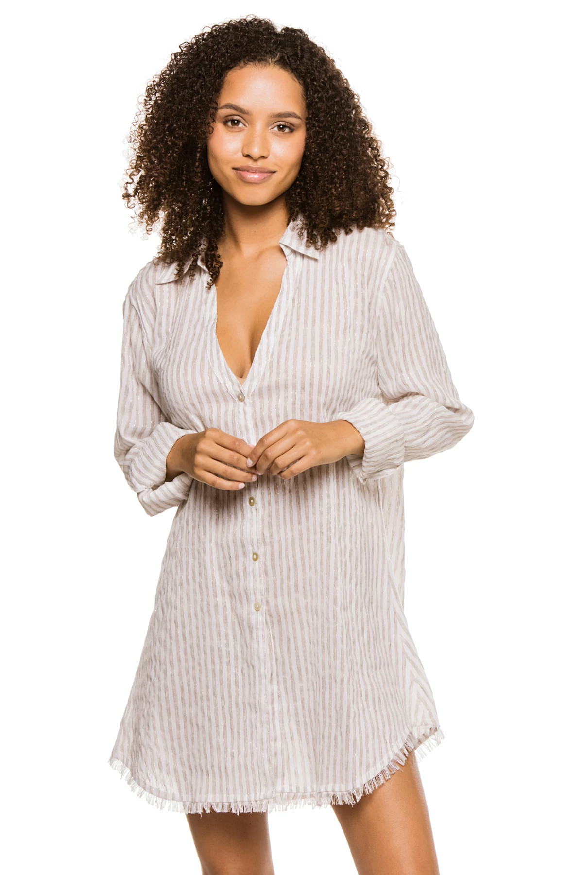 GRAY/IVORY Metallic Stripe Button Down Shirt Dress image number 1