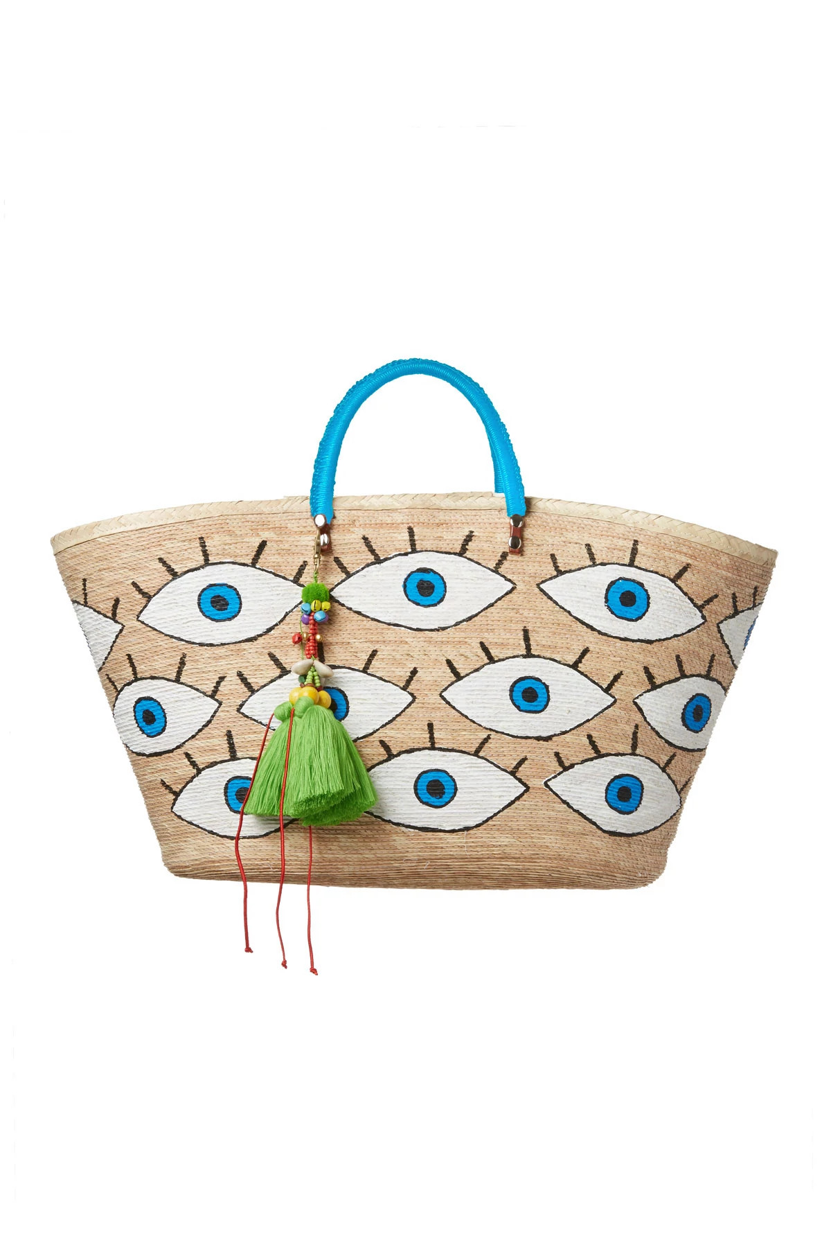 NATURAL/BLUE Hand Painted All Over Evil Eye Tote image number 1