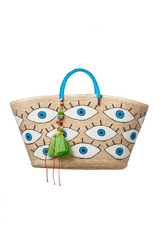NATURAL/BLUE Hand Painted All Over Evil Eye Tote