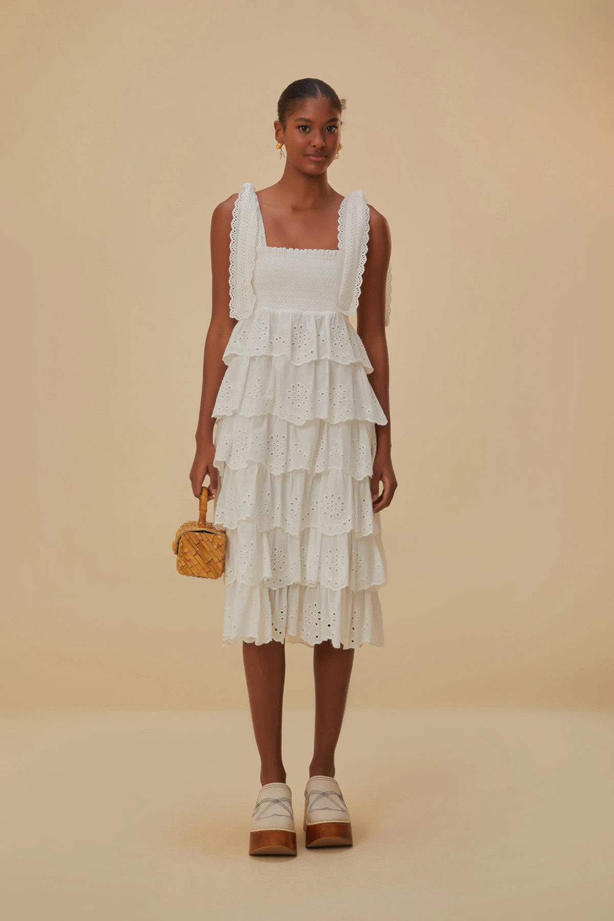 OFF WHITE Embroidered Ruffle Midi Dress image number 3