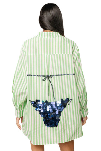 GREEN Striped Sequin Bikini Graphic Tunic