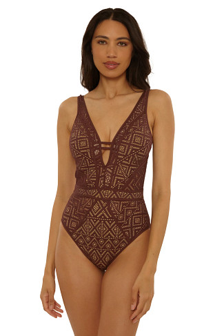 MOCHA/TAN Show & Tell Plunge One Piece Swimsuit