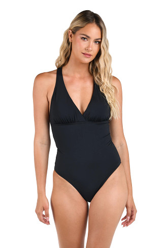 BLACK V-Neck Racerback One Piece Swimsuit