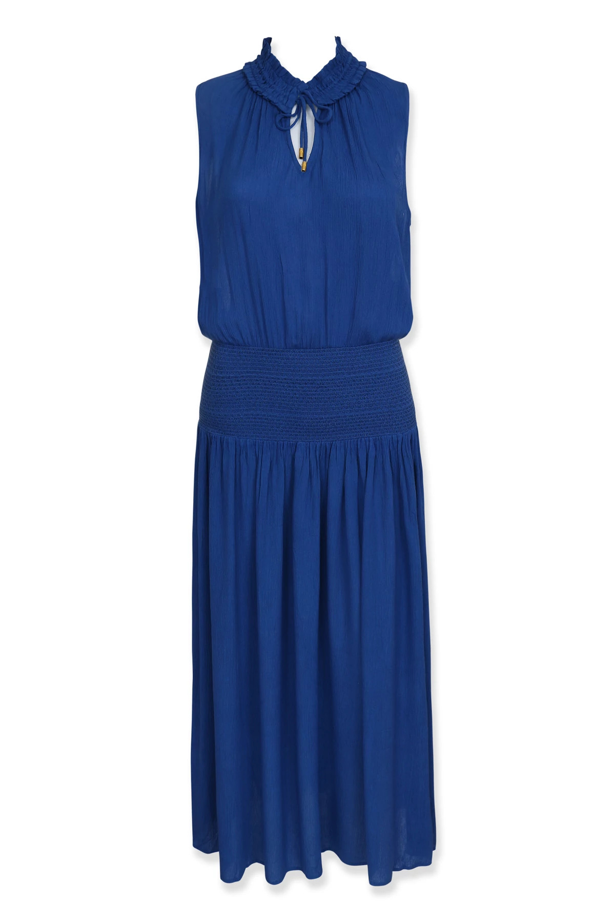 HAMPTONS BLUE Split Neck Smocked Waist Maxi Dress image number 5