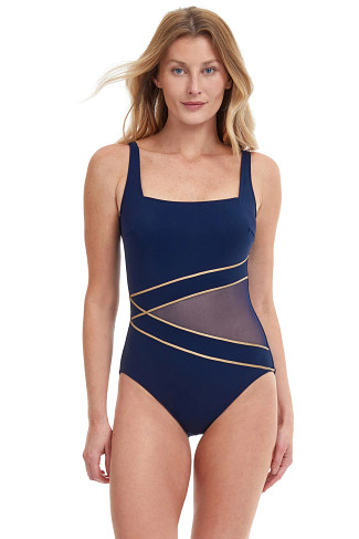 NAVY/GOLD Metallic Mesh One Piece Swimsuit