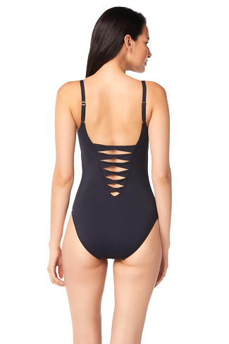 BLACK Lace Up Plunge One Piece Swimsuit