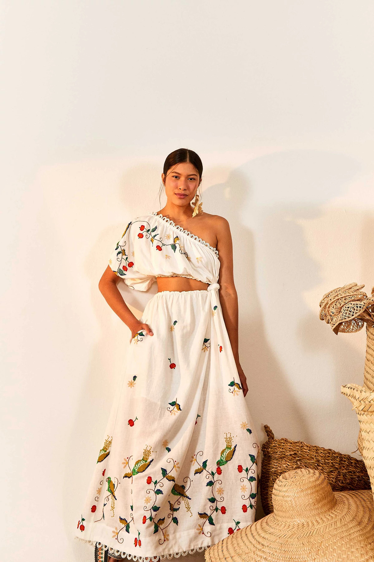 WHITE Pitanga Embroidered One-Shoulder Maxi Dress image number 3