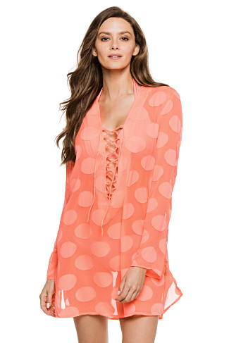 HOT CORAL Lace-Up Dot Tunic