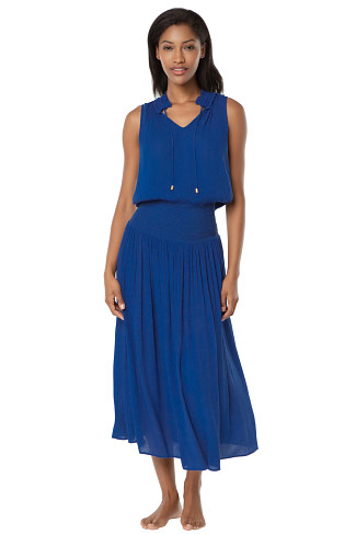 HAMPTONS BLUE Split Neck Smocked Waist Maxi Dress