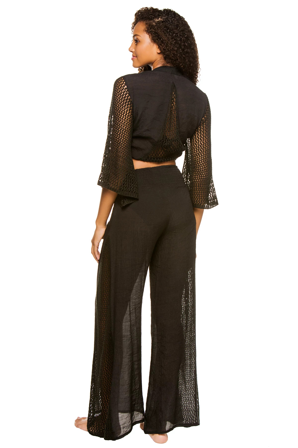 BLACK Crochet Tie Front Crop Top image number 2