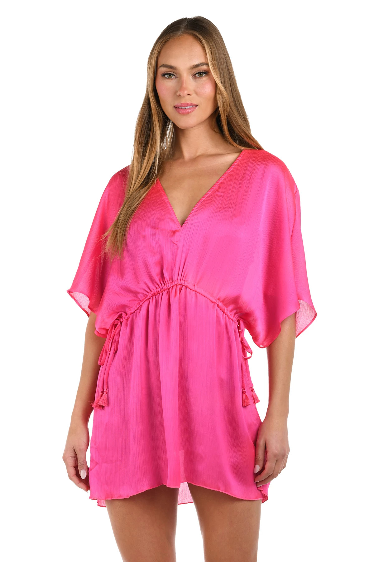 BRIGHT PINK Crinkle V-Neck Tunic Cover Up image number 1