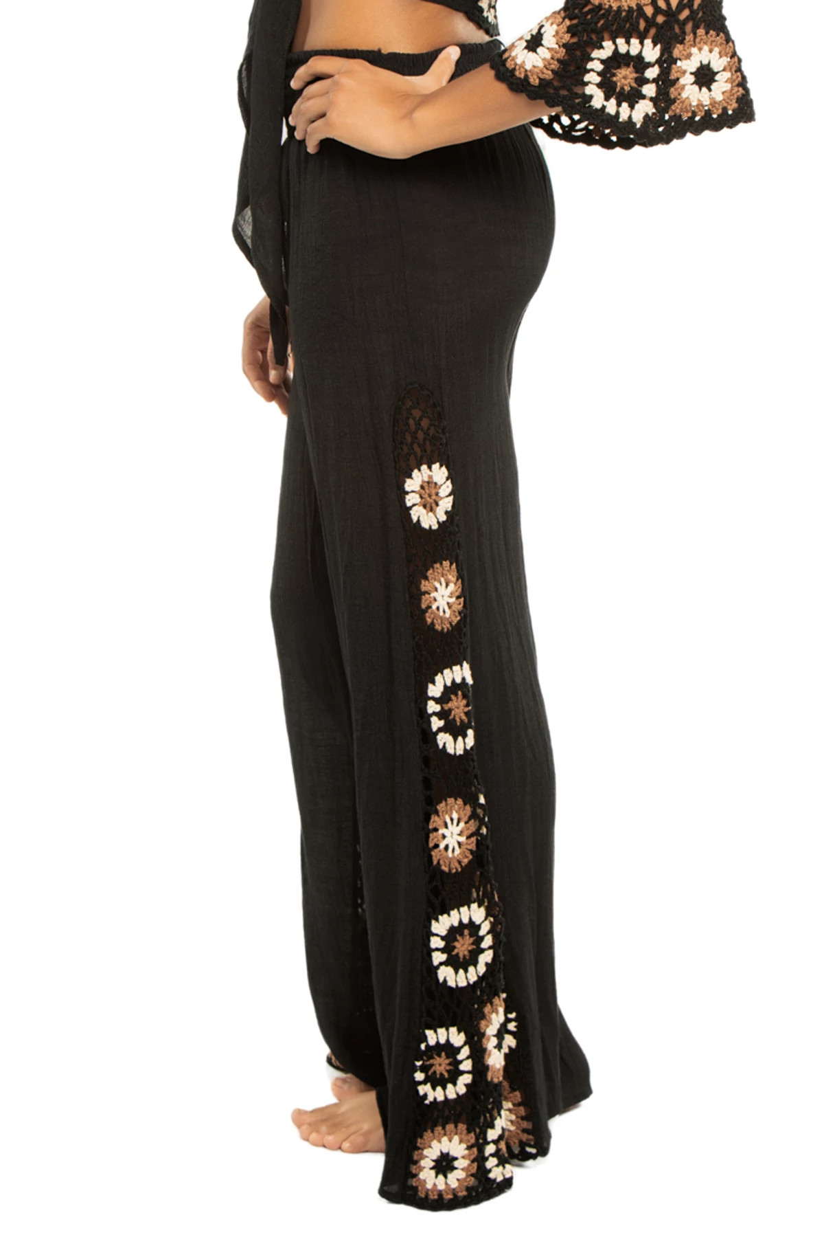 BLACK MULTI Crochet Panel Wide Leg Pants image number 3