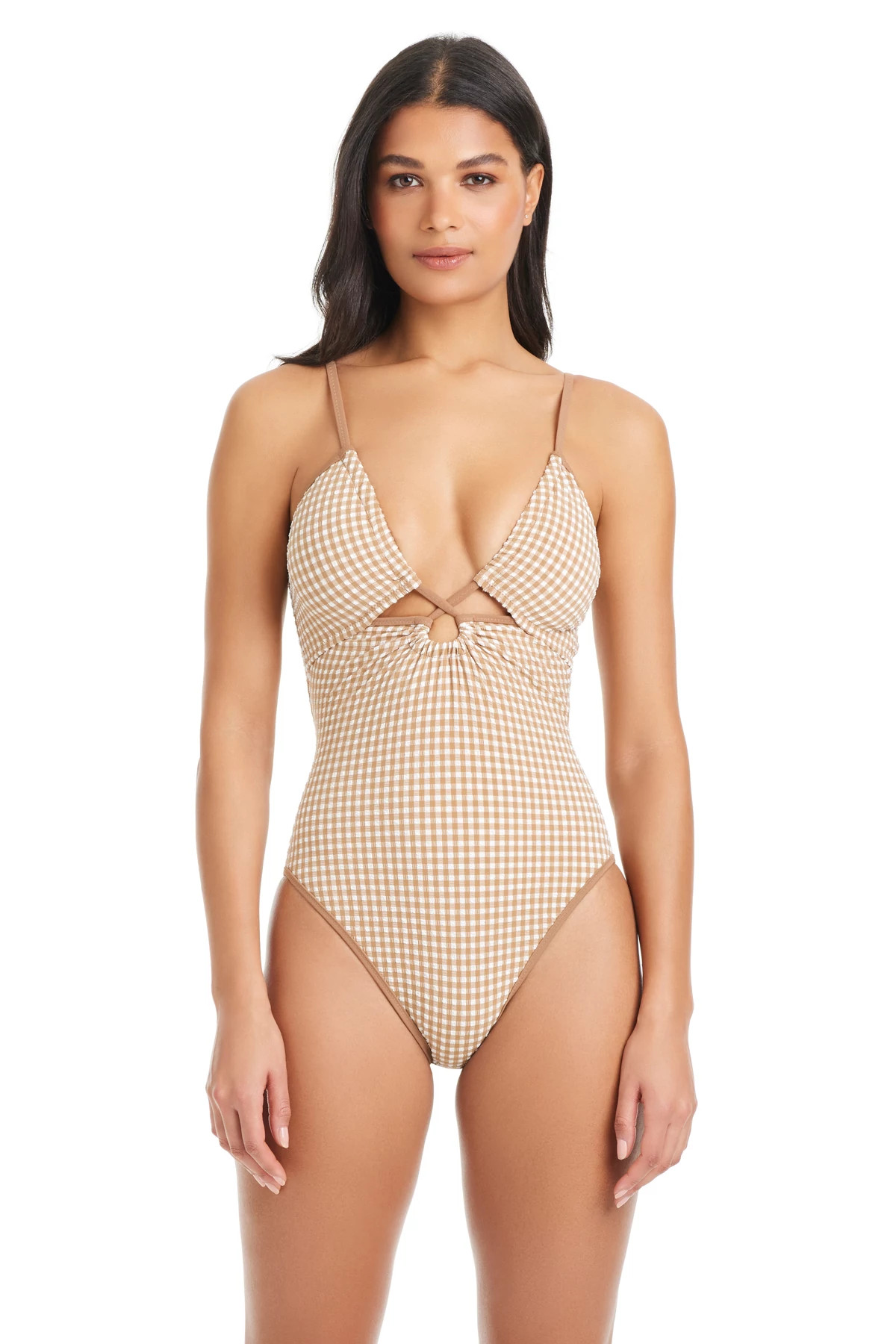 TOASTED COCONUT Gingham Plunge One Piece Swimsuit image number 1