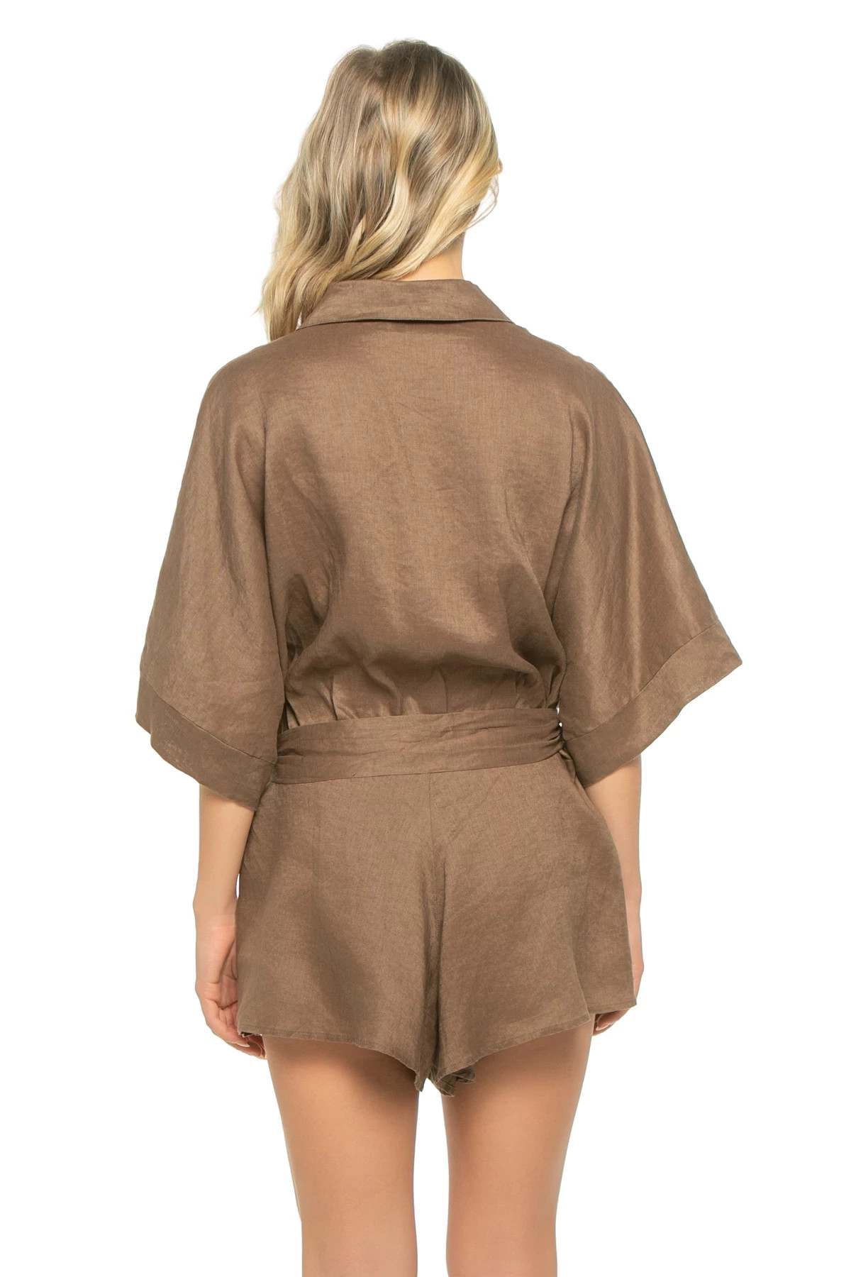 BROWN Linen Collared Shorts Romper image number 2