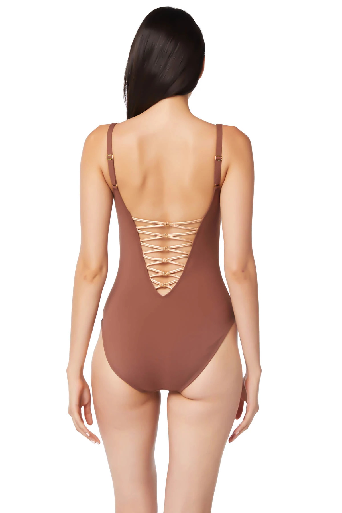 CHOCOLATE TRUFFLE/ROSE GOLD Lace Up Plunge One Piece Swimsuit image number 2