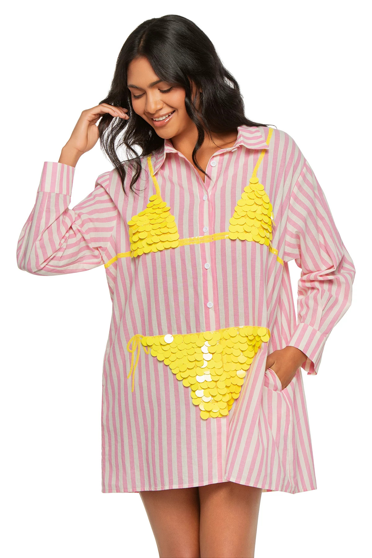 PINK Striped Sequin Bikini Graphic Tunic image number 3