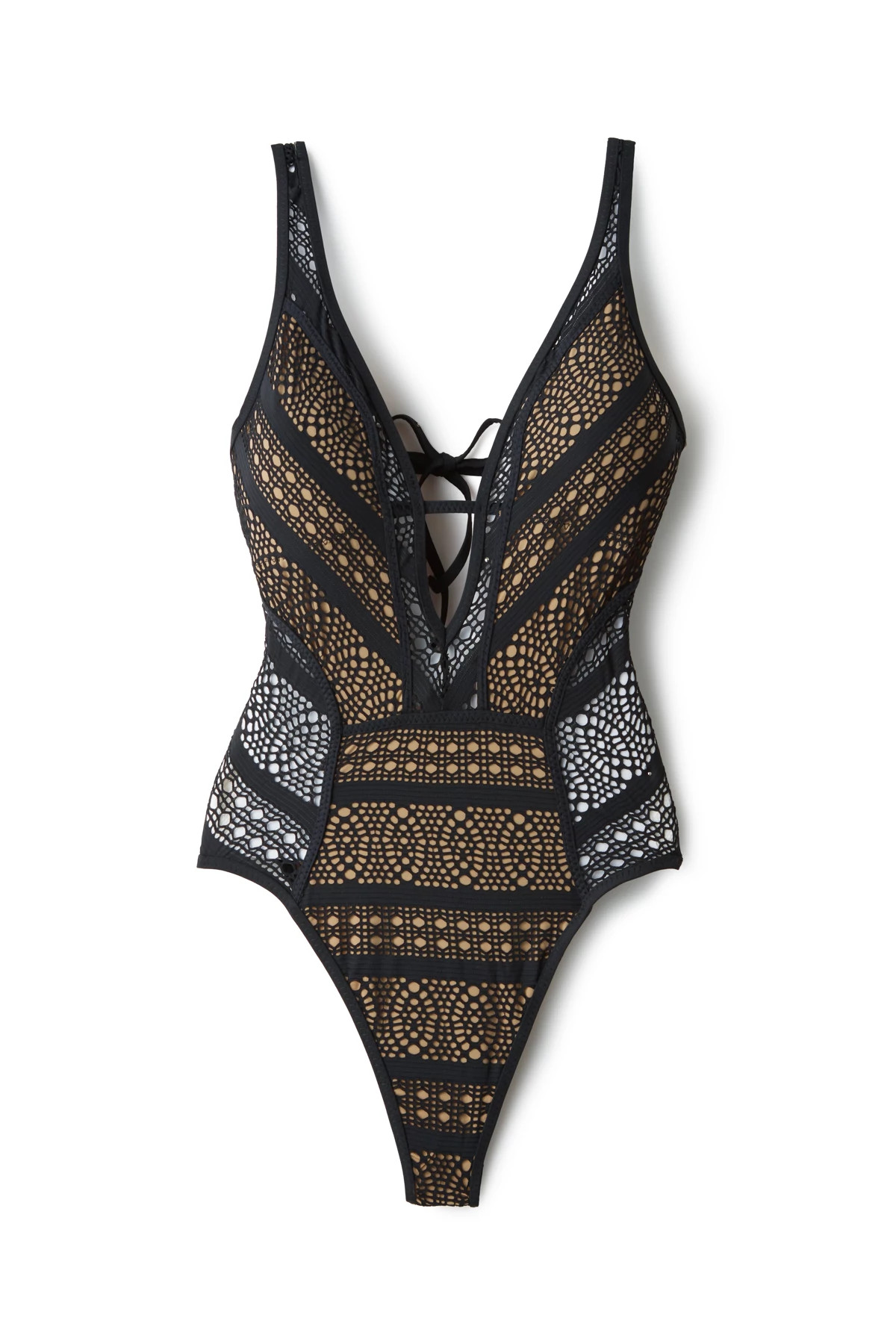 BLACK/TAN Show & Tell Plunge One Piece Swimsuit image number 3