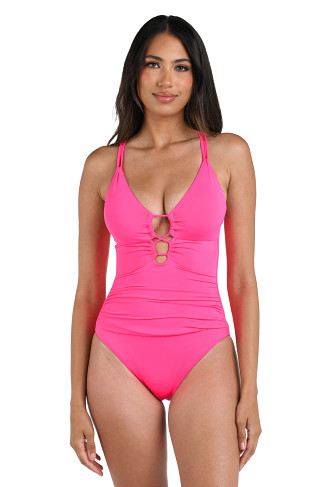 BRIGHT PINK Underwire Lace Up One Piece Swimsuit