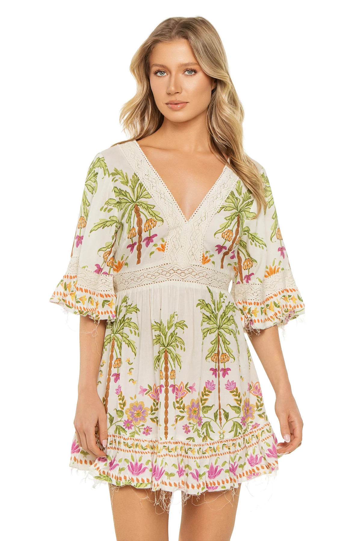 MULTI Crochet Trim Tropical Print Mini Dress image number 1