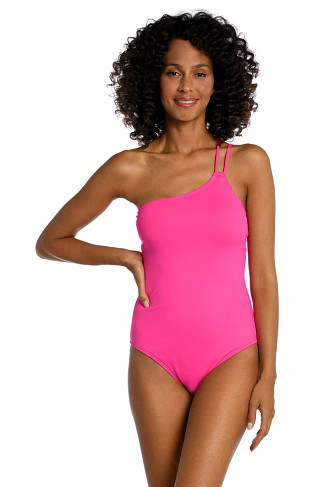 POP PINK Lace Up One Shoulder One Piece Swimsuit