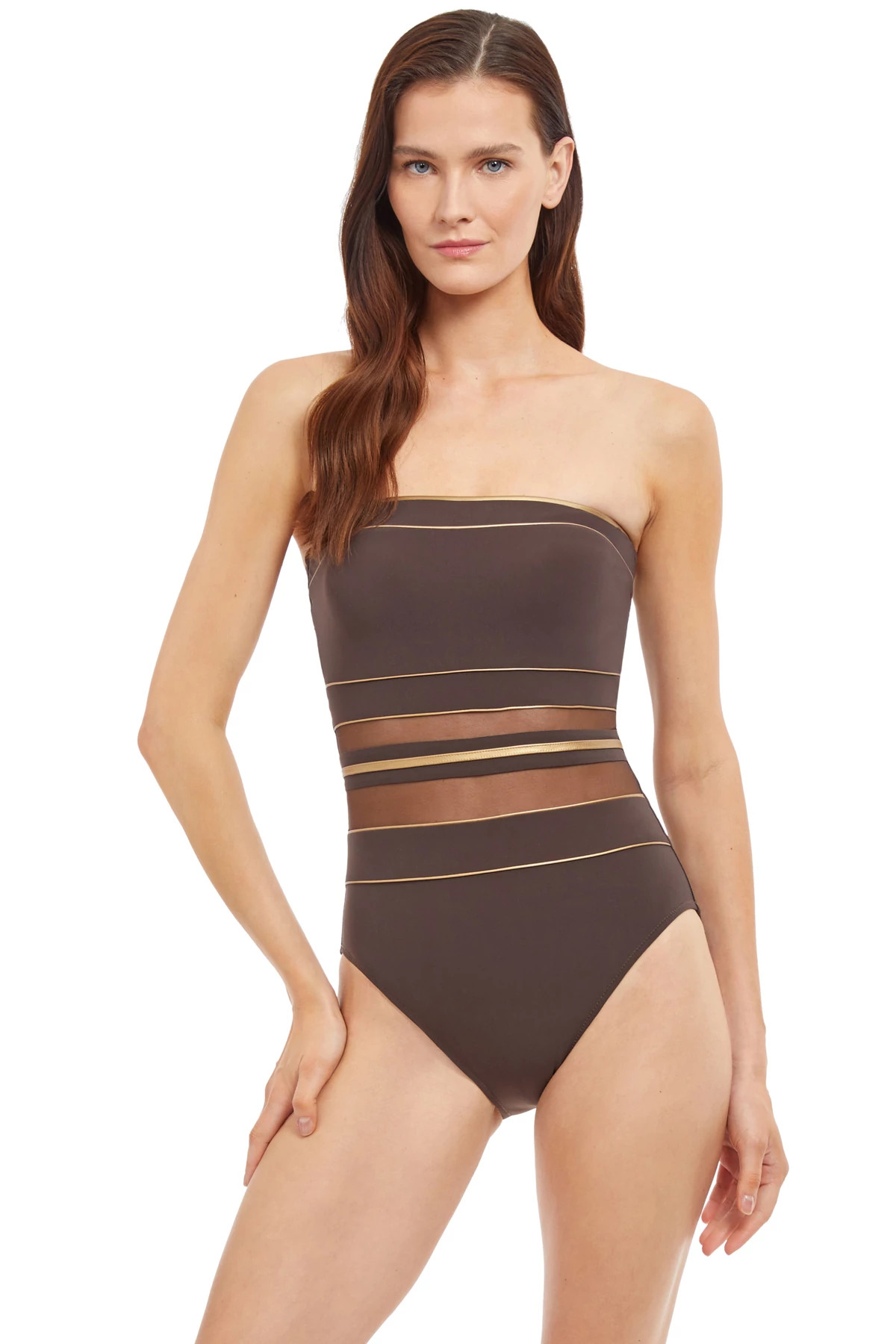 BROWN/GOLD Mesh Bandeau One Piece Swimsuit image number 1