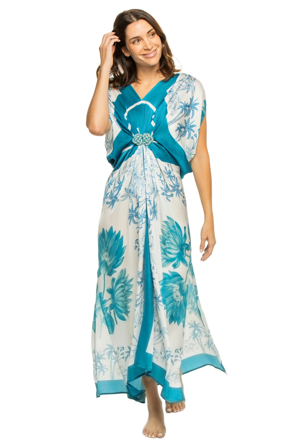 TEAL WATER LILY/WHITE SCARF Draped Maxi Dress image number 1