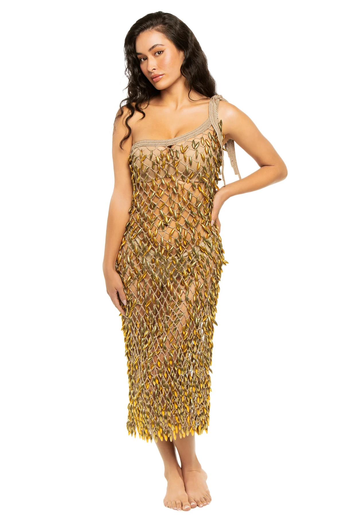 BRONZE Crochet Beaded Convertible Dress image number 1