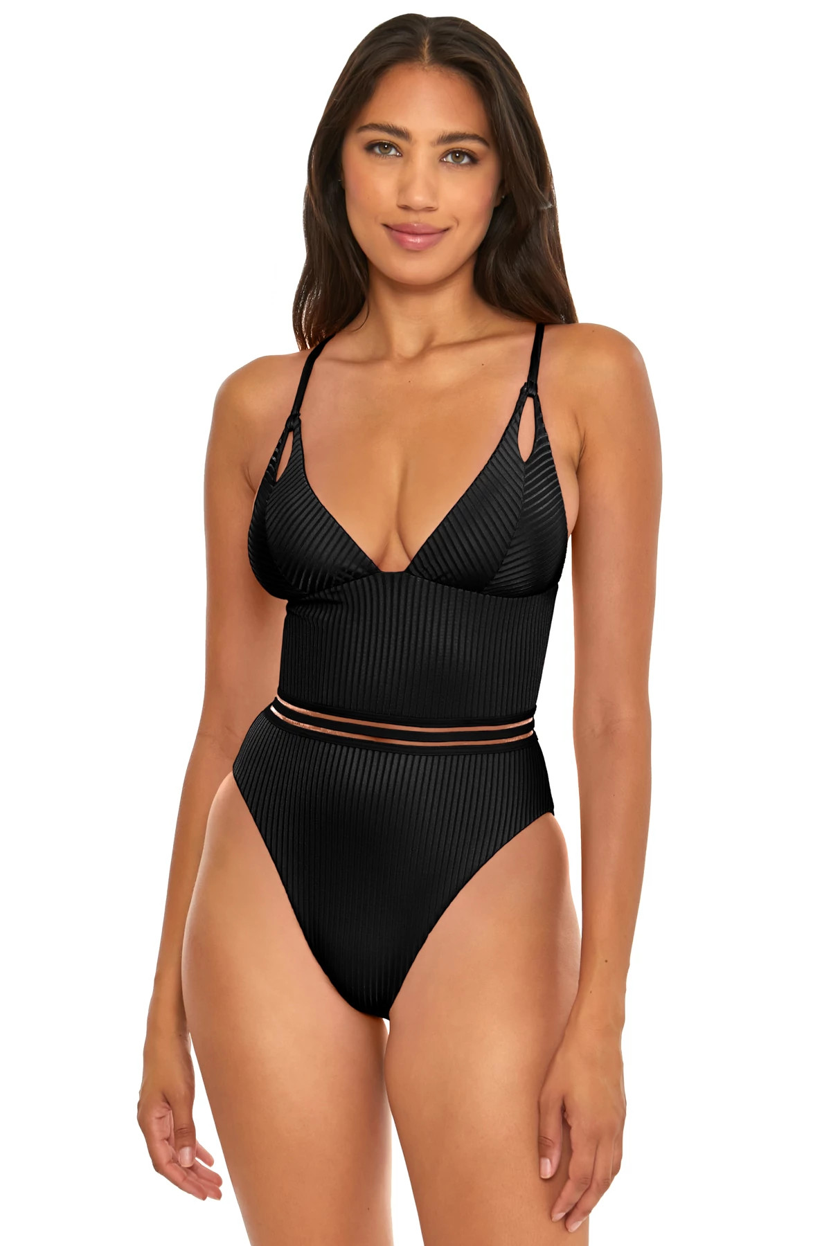 BLACK Ribbed Maillot One Piece Swimsuit image number 1