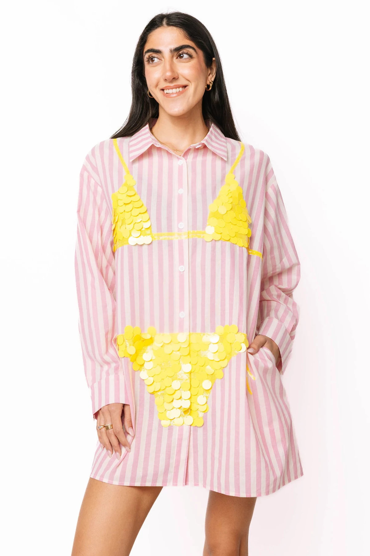 PINK Striped Sequin Bikini Graphic Tunic image number 1