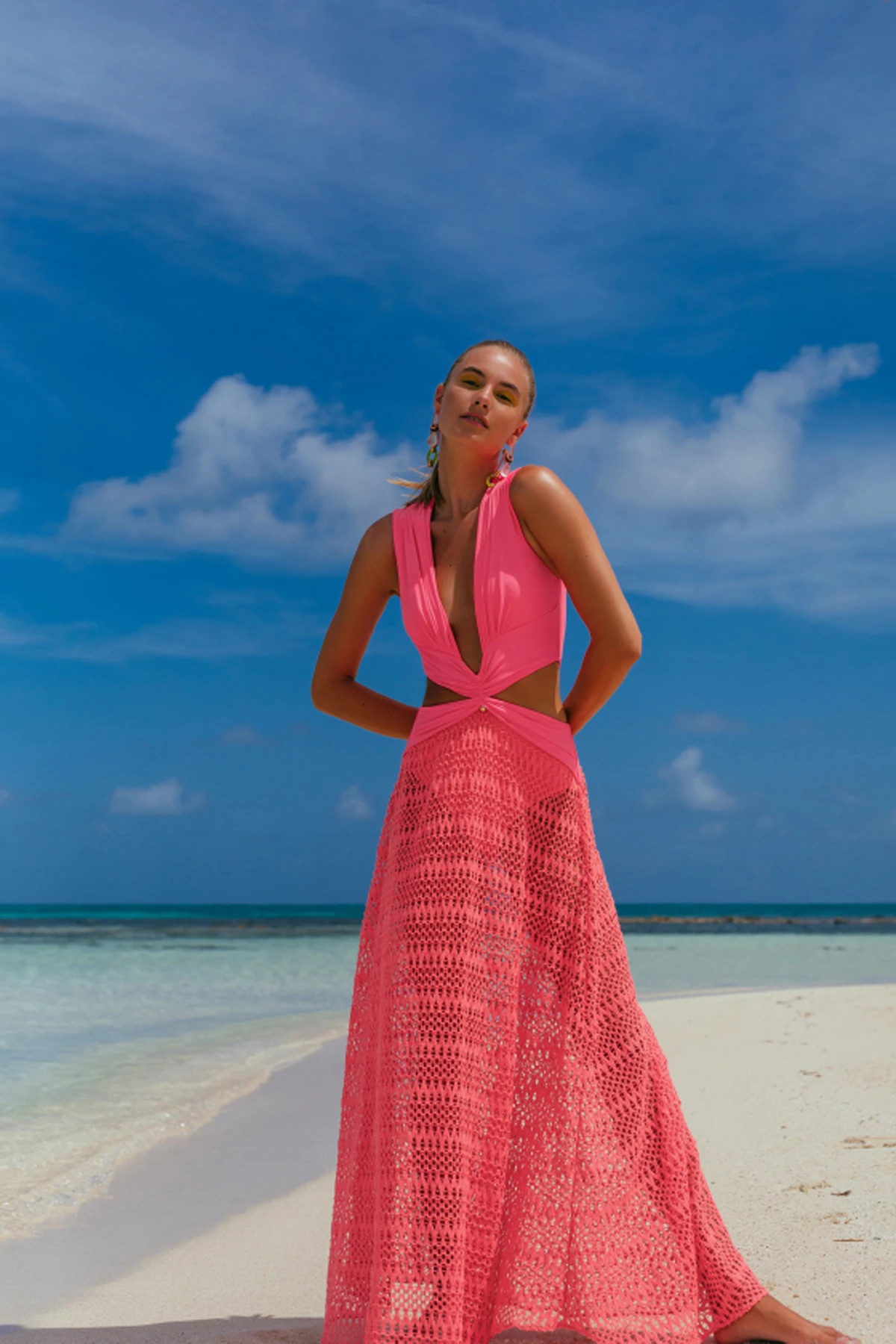NEON CORAL Plunge Crochet Beach Dress image number 3