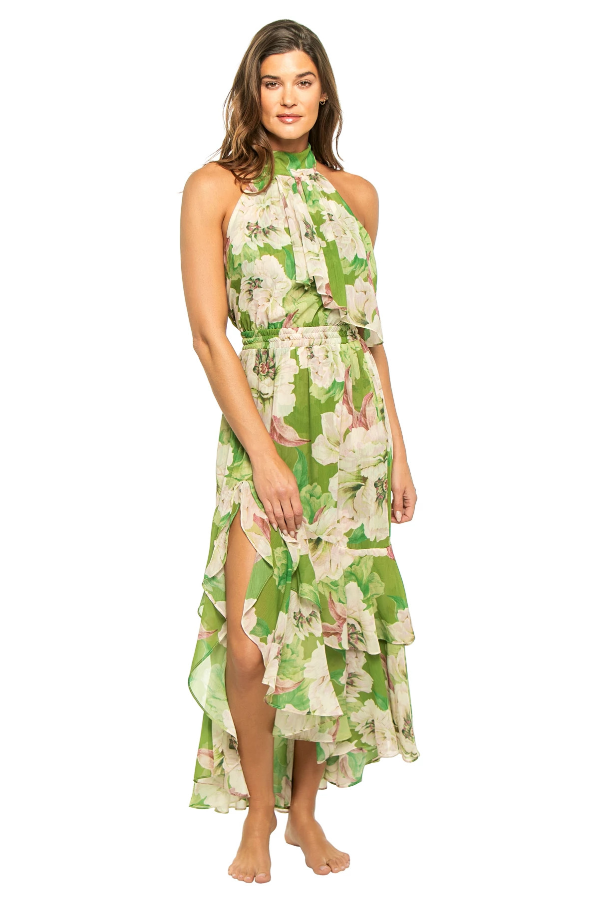 IN FULL BLOOM Aneva Floral Ruffle Halter Maxi Dress image number 3