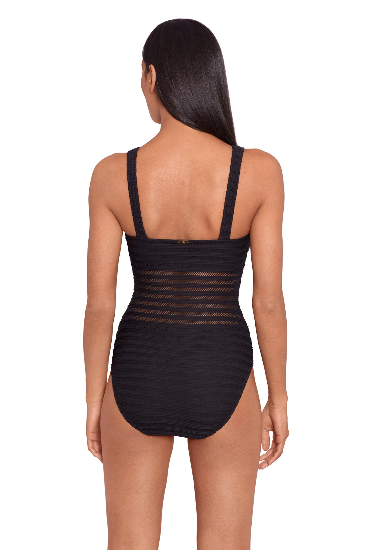 BLACK Mesh Over The Shoulder One Piece Swimsuit image number 2